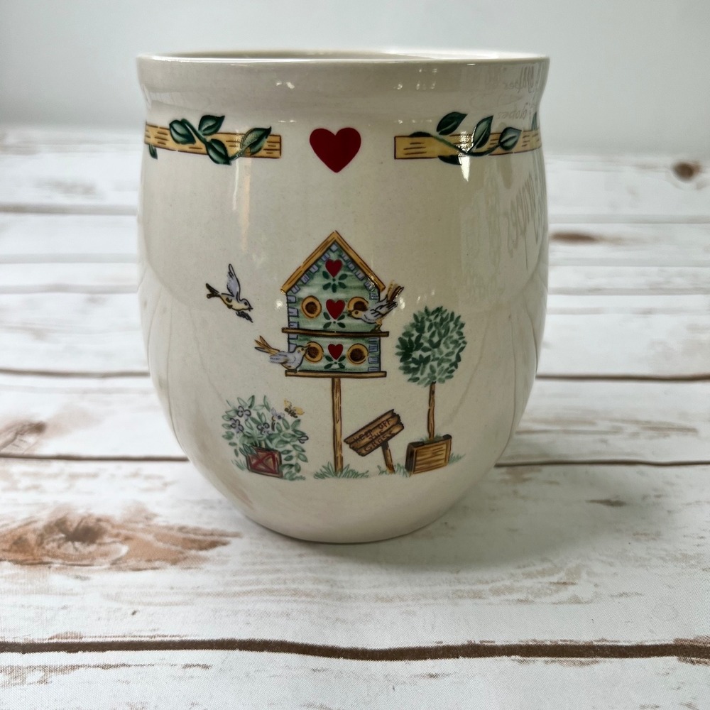 Thomson Pottery Utensil Crock Cream Birdhouse Garden Bird Heart 6in Large Mug